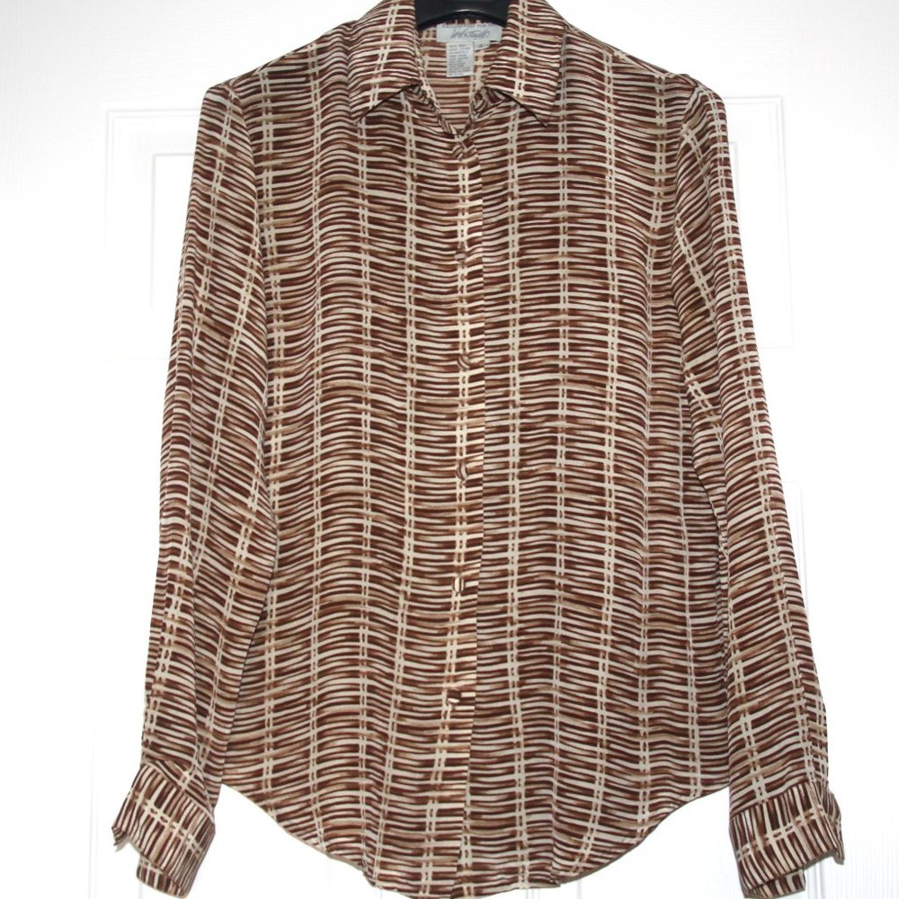 Lord & Taylor Vintage Silk Brown Cream Print Blouse Shirt Long Sleeve Top Size 4